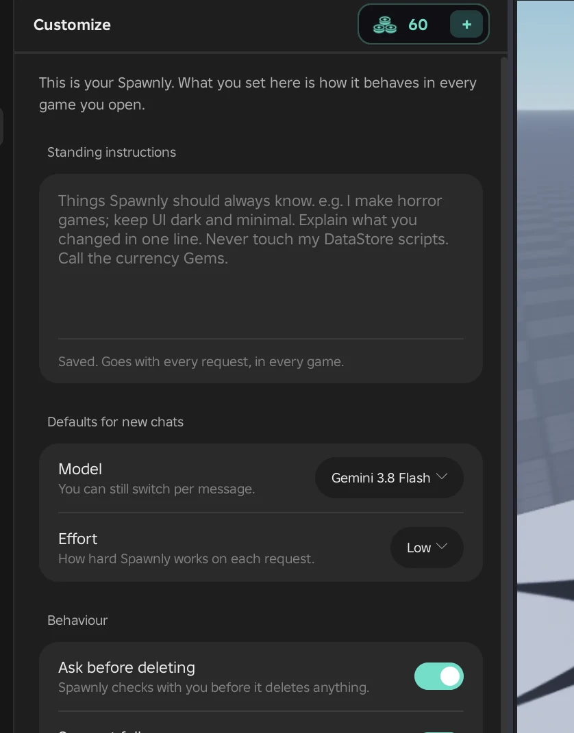 The Customize page: standing instructions, default model and effort, behaviour switches