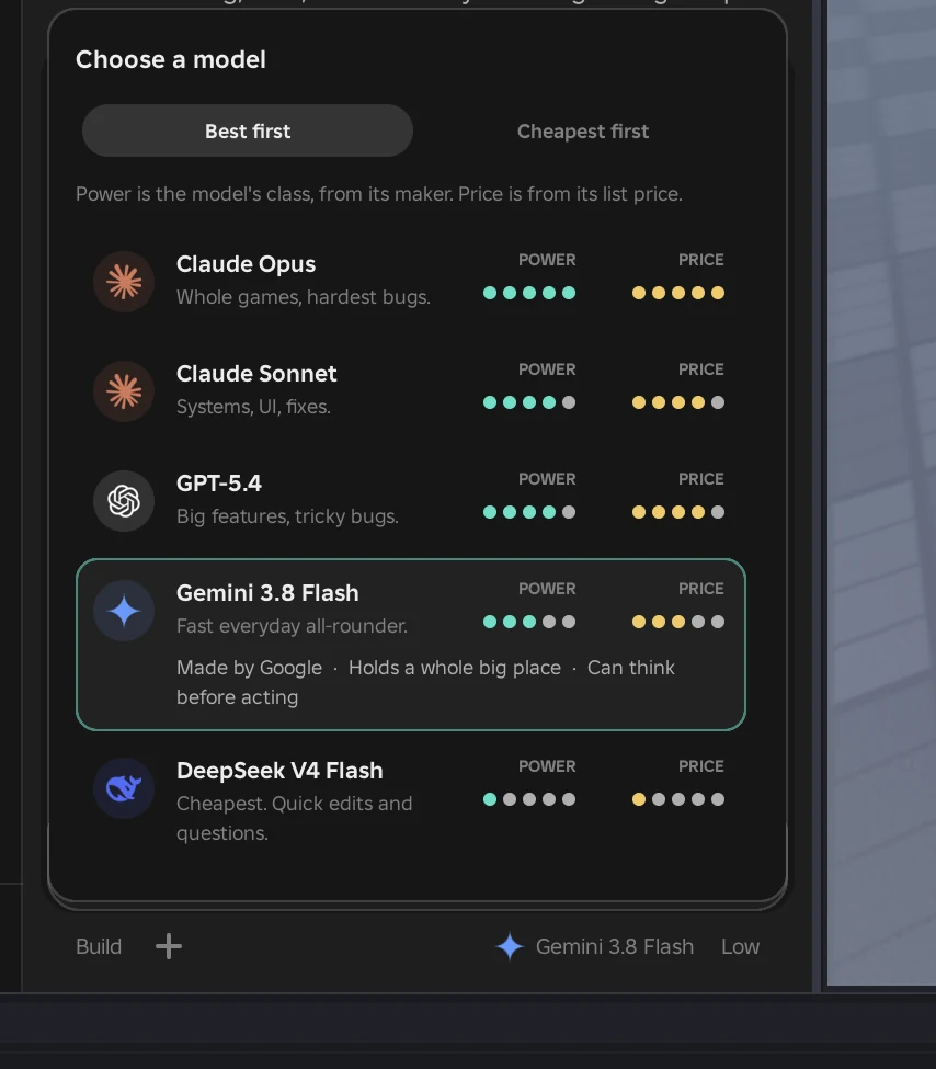 The model picker in the panel, with price scales and maker logos