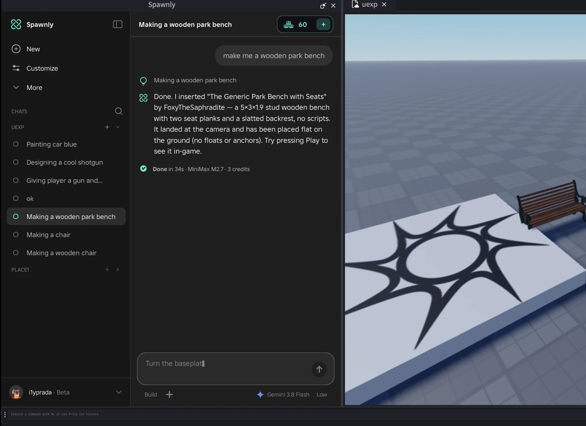 The Spawnly panel docked in Roblox Studio beside the place, with a finished request